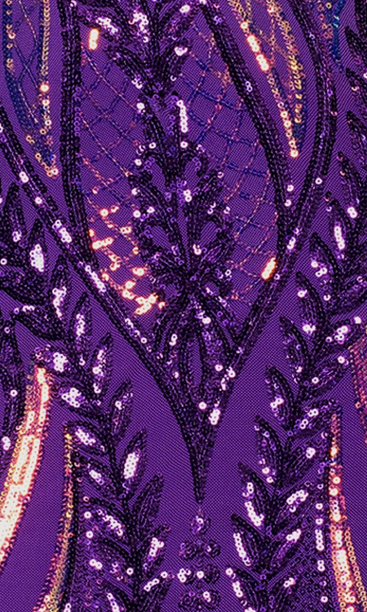 Close-up of a purple fabric from the Long Sequin-Print Prom Dress: Blondie Nites 5358BN, featuring a symmetrical sequin and embroidery pattern. Available in junior sizes for an elegant evening gown look.